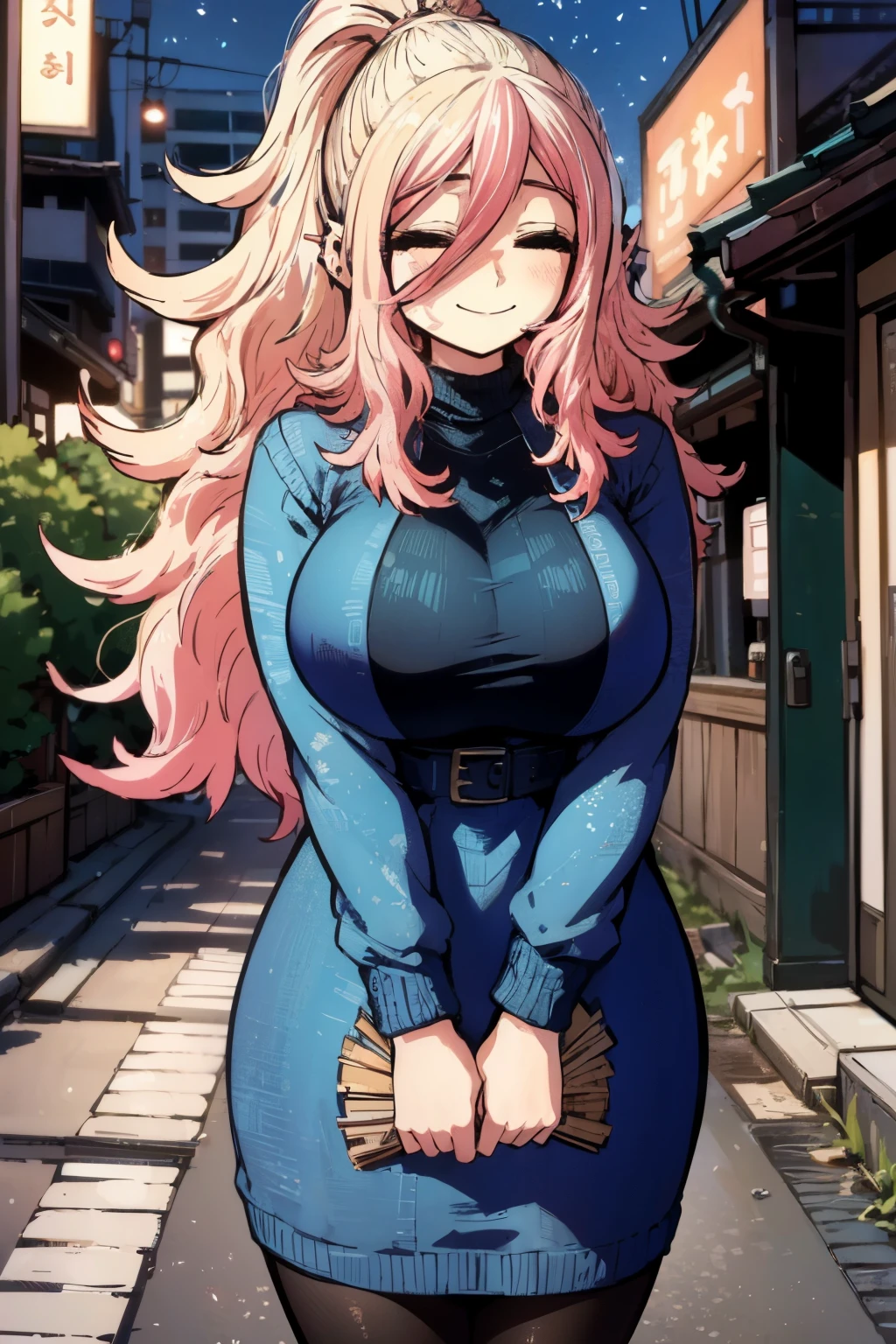 (masterpiece:1.4), (best quality), (detailed), (8k), absurdres, (1girl, solo, looking at viewer, cowboy shot), (sidewalk, tokyo \(city\)), rizdraws, thick lineart, film grain, semi-traditional artstyle, kyouko, multicolored hair, pink hair:1.4, blonde hair:0.8, long hair, ponytail, (wavy hair,  messy hair):1.4, bangs, happy, closed eyes, smile, huge breasts, sweater dress, blue dress, pantyhose, long sleeves,