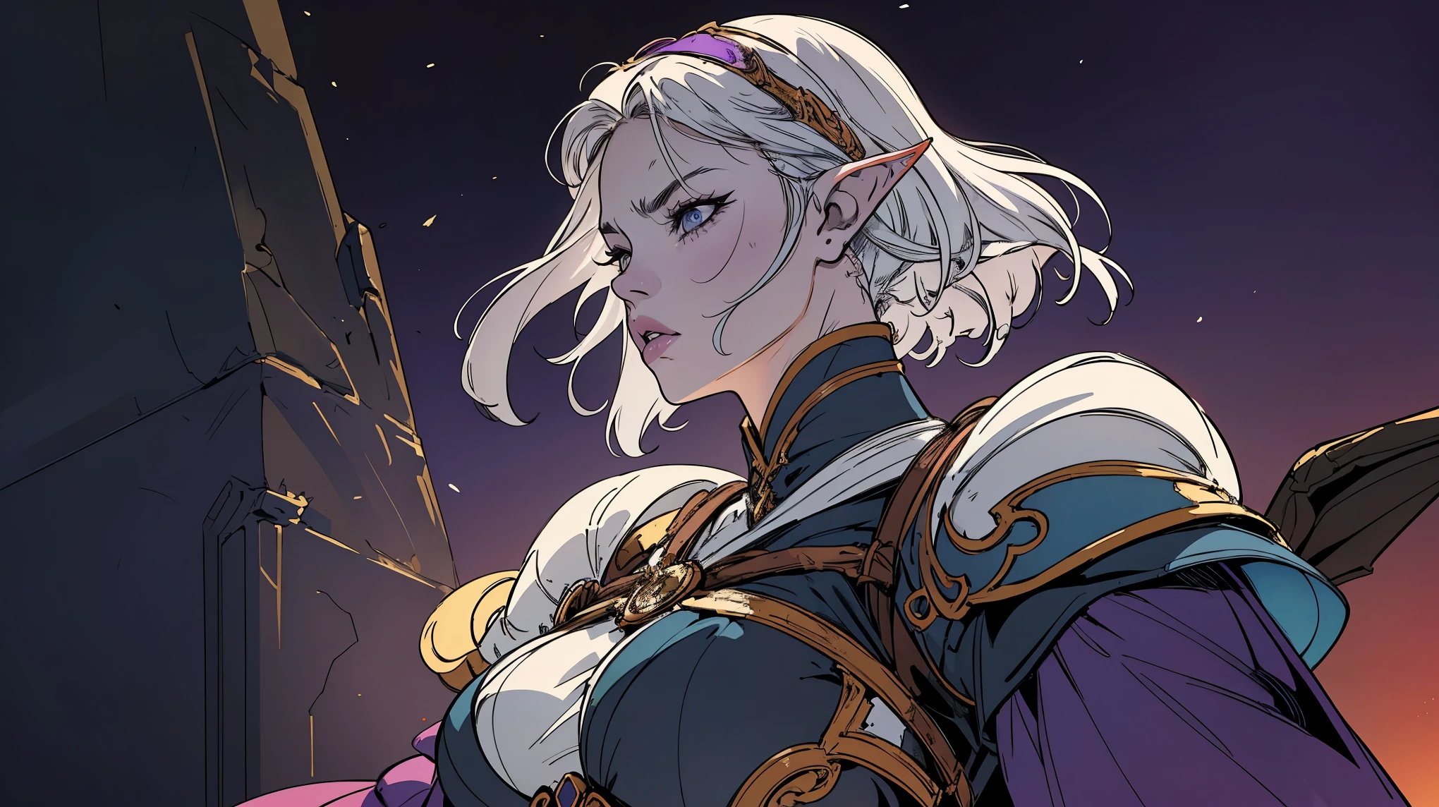elf ears,masterpiece:1.2, best quality, ultra detailed, absurdres,, mature woman, (blue_skin), archer, messy white_hair, shoulder length, 1girl, female_focused,, older, serious, confident, under purple_robes over gear, bowman gear, in the style of Kentaro Miura, fantasy, SCI-FI, fire background, medium breasts, breasts out