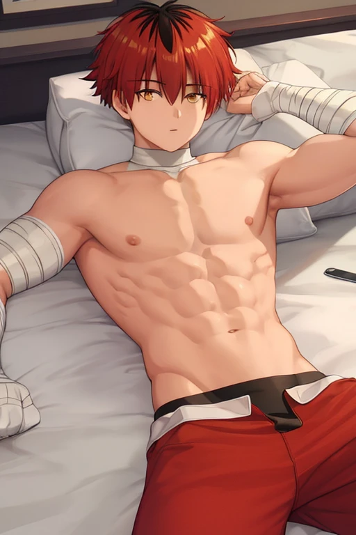 masterpiece, best quality, high quality, 1boy, solo, male focus, looking at viewer, showing his muscle, showing knees, on bed, shirtless, shirt off, Stark, yellow eyes, red hair, medium body, slim body, lying on bed.