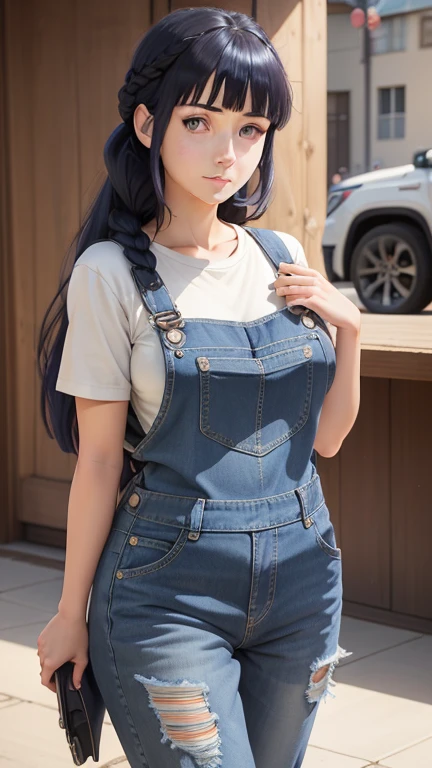 masterpiece, best quality, ultra-detailed, illustration,1girl,
long hair, dark blue hair, french braid, purple eyes, blunt bangs, 
shirt, (denim overalls:1.1),
medium breast,  
looking at viewer, hinata\(shippuden\)