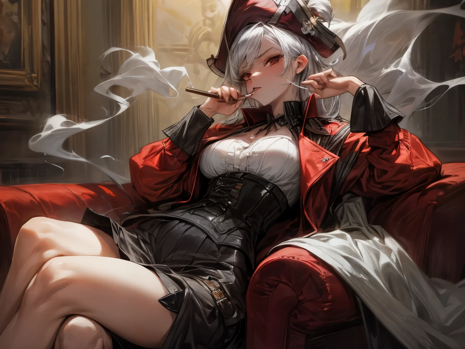 smoking girl, pirate girl, she smokes a cigar, she's old, silver hair, large breast, normal hips, she's in a bar, red eye, she's wearing a hat, she's wearing a long jacket, she's wearing a corset, sitting on a chair, she's wearing a short, she shots with her gun, she's in movement, ambient smoke, more smoke