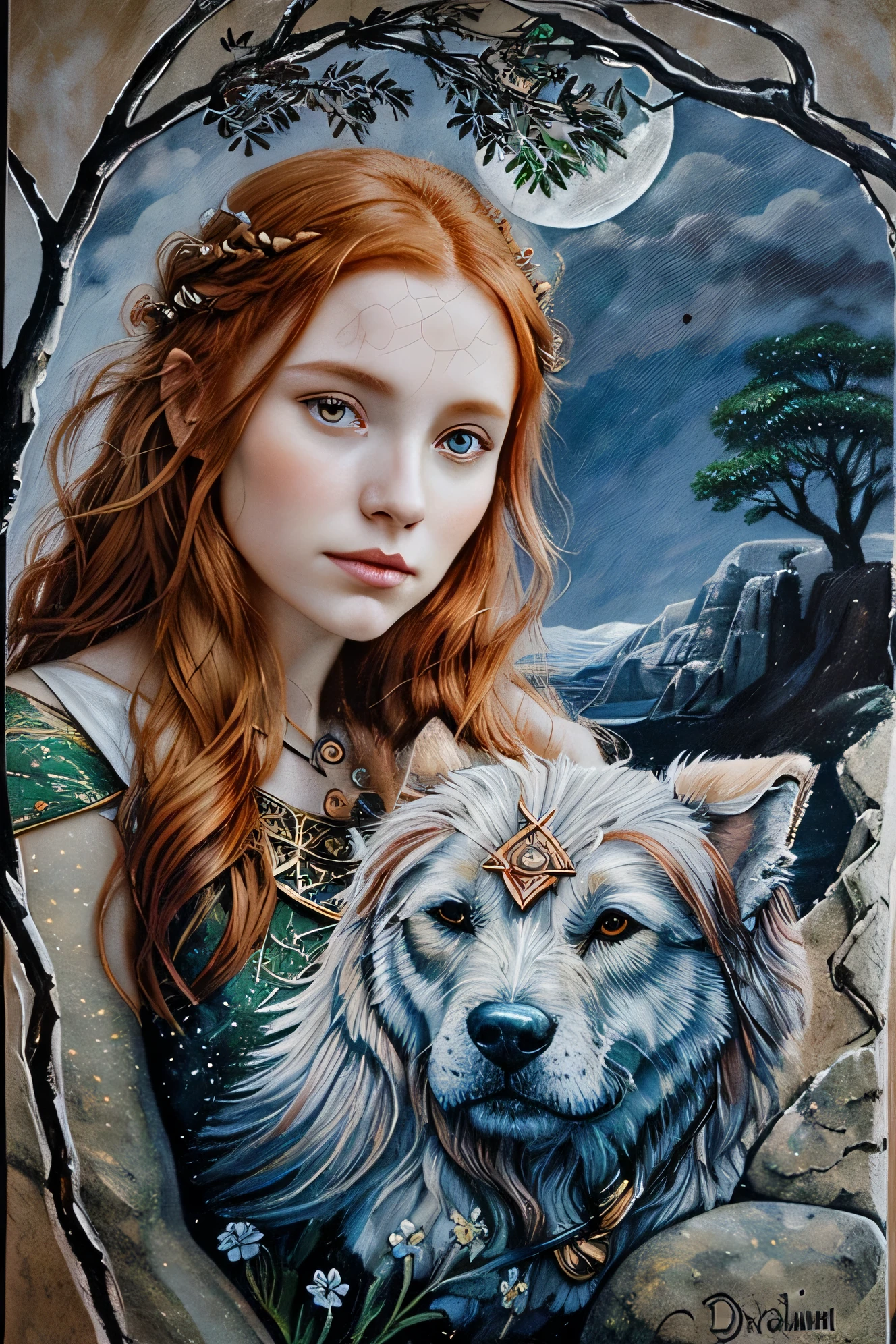 painting of a woman and a dog on a stone, maiden with copper hair, Portrait of the Scandinavian moon goddess, beautiful girl, Portrait of the Celtic goddess Diana, Norse goddess, goddess portrait, redhead goddess, goddess portrait close up, druid goddess, portrait of a beautiful goddess, потрясающий goddess portrait, Celtic fantasy art, beautiful goddess