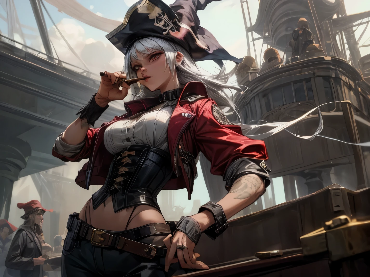 smoking girl, pirate girl, she smokes a cigar, she's old, silver hair, large breast, normal hips, red eye, she's wearing a hat, she's wearing a long jacket, she's wearing a corset, she's wearing pants, she has a gun, she shots with her gun, she's in movement, ambient smoke, more smoke, she's on a boat