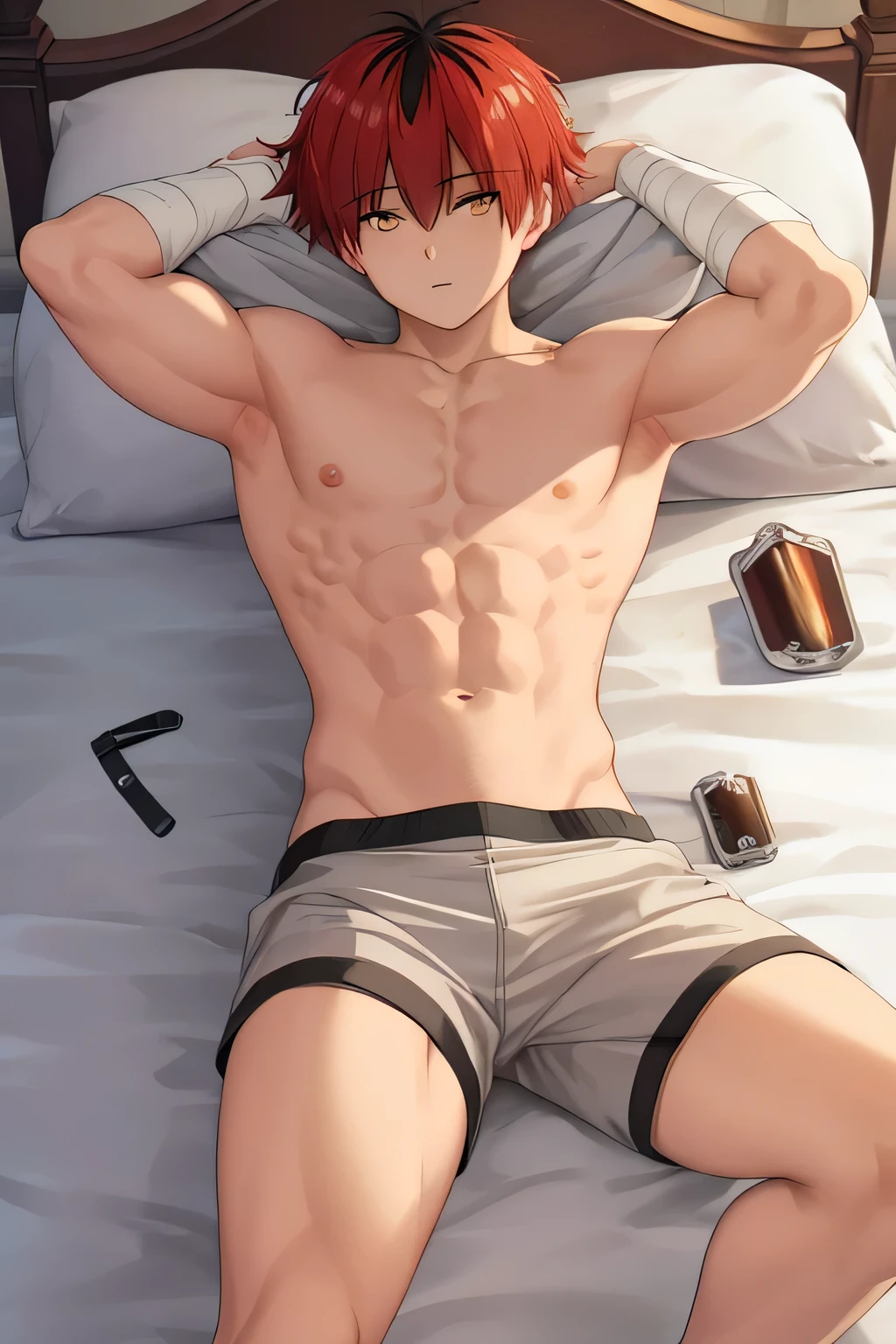 masterpiece, best quality, high quality, 1boy, solo, male focus, looking at viewer, showing his muscle, showing knees, on bed, shirtless, shirt off, Stark, yellow eyes, red hair, medium body, slim body, lying on bed.