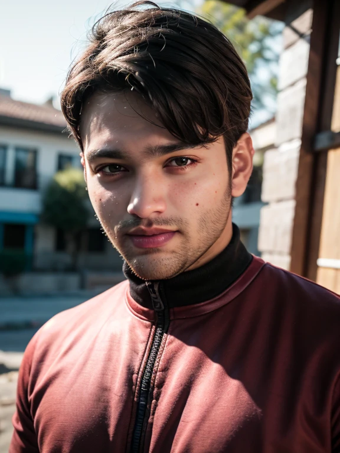 A beautiful young bearded man with highly detailed skin looking at the camera,8k,high res, soft light,no contrast,ultra realistic, photorealism.((real life photo,realistic:1.9, freckles on his face,short beard:1)), HDR, emotions smiling
