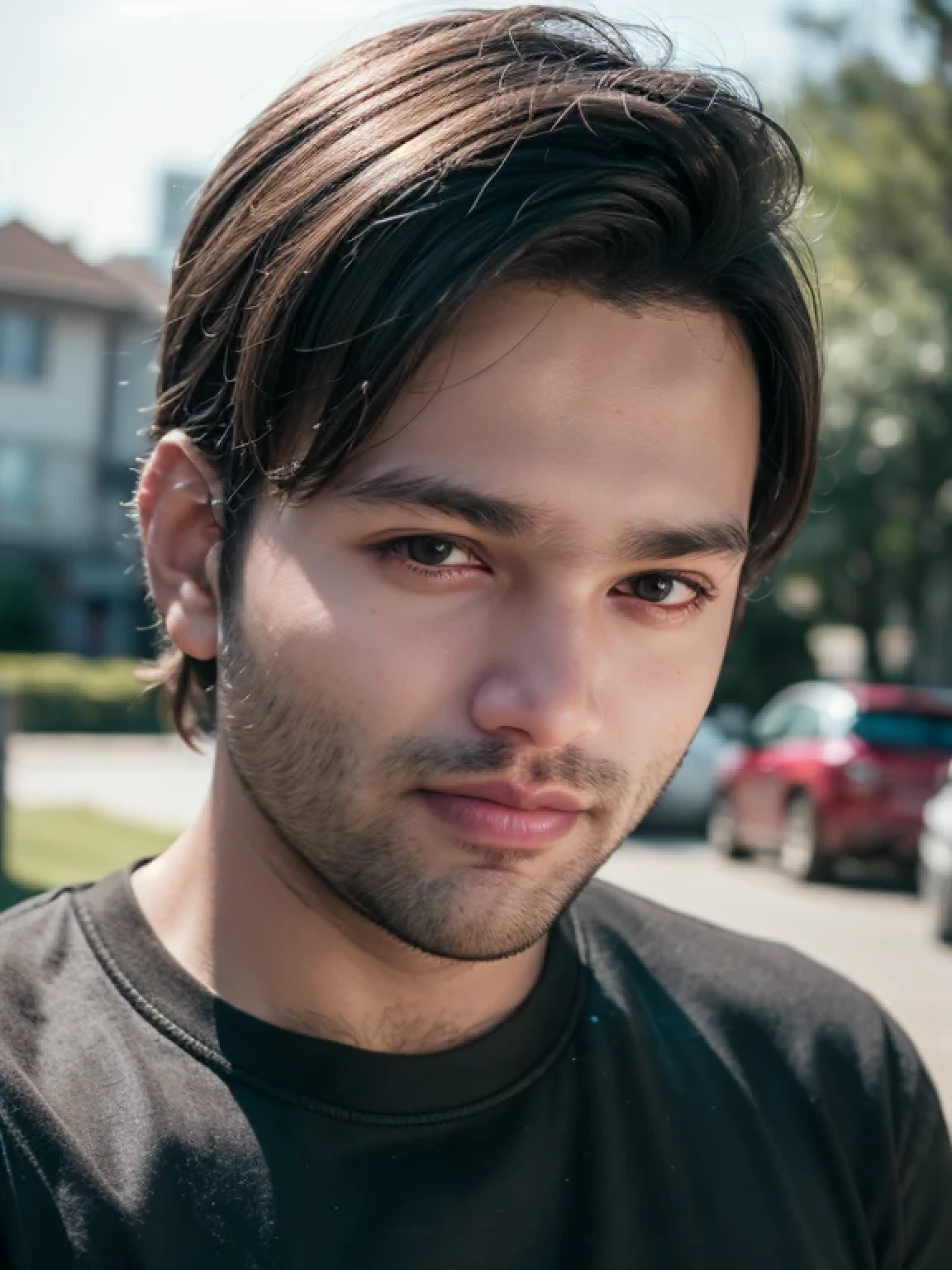 A beautiful young bearded man with highly detailed skin looking at the camera,8k,high res, soft light,no contrast,ultra realistic, photorealism.((real life photo,realistic:1.9, skin pores on his face,short beard:1)), HDR, emotions smiling 
