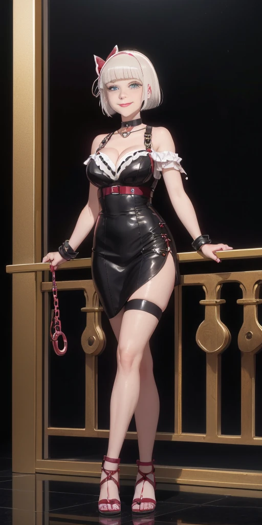 a single (mature MILF BIMBO albino skin and short white hair), (FULL BODY) perfect face, wearing tight leather bandages, BIG KNOCKERS CLEAVAGE, lustful smirking smile red blush red cheeks, chain leash, kneeling, shackles, leather black collar slave, ((BLACK background)) WITH KNOCKERS on glass, glass window fog water drop, metal handcuffs clenching fist, black choker collar, thigh highs, long legs, metal ankle, metal sandals, metal shoulders, standing straight symmetrical against glass