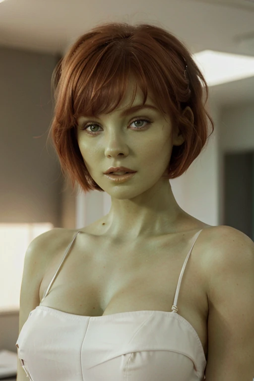 Orion beautiful woman, (green skin:1.25), busty, white elegant dress, office background, red short male hair, hair bangs, highest resolution, , 4k, realistic shadows