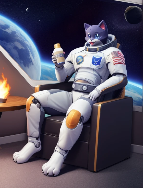 blue cat, blue eyes, astronaut outfit, robotic body parts, muscular, be t.e.stars, be chung0 0, be darkgem, outer space scenery with stars and planets, There is a paw print on his astronaut suit, his paws are visible, He is sitting in a paw-shaped armchair, one of its paws is on top of the other paw, holding a carton of cow's milk.