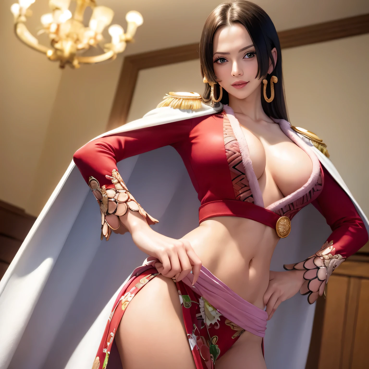 (masterpiece, best quality:1.2), cowboy shot, solo, 1girl, boa hancock, smile, looking at viewer, hand on hip, cape, epaulettes, cleavage, jewelry, earrings, midriff, perfect finger hand, (pointing finger forward in the form of a gun with your hands):1.5
