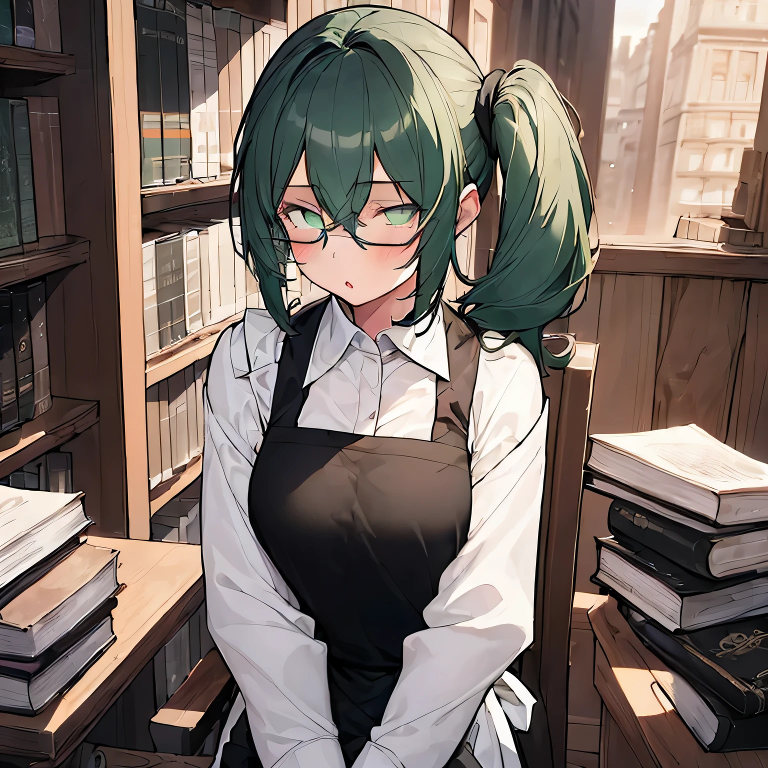 (1 girl:1.5), Masterpiece, Best quality, amazing beauty, 8K, absurdres, finely detail, super detailed eye, perfect anatomy, official art, cinematic lighting, best aestethic, BREAK, (shoulder length cut:1.3), (silky straight hair:1.3), (very lower side ponytail:1.3), (hair between eyes:1.3), (very dark green hair:1.3), (clear detailed green eyes:1.3), (round eyewear:1.5), BREAK , big breasts,(book store:1.3), (black apron:1.5), (white shirt:1.5), sit on chair, tight skirt, looking away, thinking, (from below:1.3)