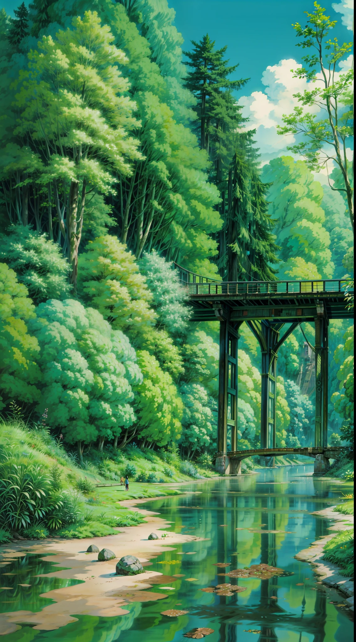 a painting of a bridge over a river, from the studio ghibli film, still from studio ghibli, studio ghibli movie still, studio ghibli anime screenshot, cinematic studio ghibli still, studio ghibli smooth concept art, studio ghibli environment, studio ghibli film, anime countryside landscape, studio ghibli still, official studio ghibli still, miyazaki film, studio ghibli landscape, studio ghibli concept art, 4k hd,, beautiful art uhd 4 k, a beautiful artwork illustration, beautiful digital painting, highly detailed digital painting, beautiful digital artwork, detailed painting 4 k, very detailed digital painting, rich picturesque colors, gorgeous digital painting
