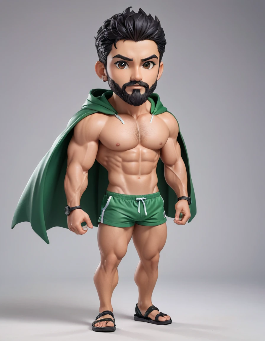 chibi, in a green cloak, from under which you can see loose grey clothes, beach slippers on his feet, Hyperrealistic art "high-quality portrait flat matte drawing of a cute Nendoroid and cartoon style, anime flat style, thick drawing, medium close-up", photorealistic:1.5, ultra highres, 8k, texture skin, realistic skin, detailed skin, highest detailed, extreme detailed, 8k wallpaper, colourful, (dark magic), ring with the stone, (intricate details), (hyperdetailed), 8k hdr, high detailed, lot of details, high quality, soft cinematic light, atmospheric perspective (focus on), color Ink wash painting, Extremely high-resolution details, photographic, realism pushed to extreme, fine texture, incredibly lifelike, Man Young Adult, age 30, Italian, Mesomorph Muscular fitness body, big muscles, black short combed back hair, perfect realistic Olive skin, brown Upturned eyes, Rectangle faces, short Muscular neck, Thin nude Lips, Bold Tapered black Eyebrows, Fleshy nose, broad Muscular shoulders, Athletic thighs, fitness ass, Muscular fitness legs, Muscular fitness arms, Muscular fitness breast, High Angular Symmetrical Prominent Cheekbones, Heart-Shaped Cheeks, triangular Chin, Angular jawline, Designer Stubble black whiskers, triangular black hair beard, Attached Cupped Symmetrical Ears, Low Forehead, six-pack abs, age 30,