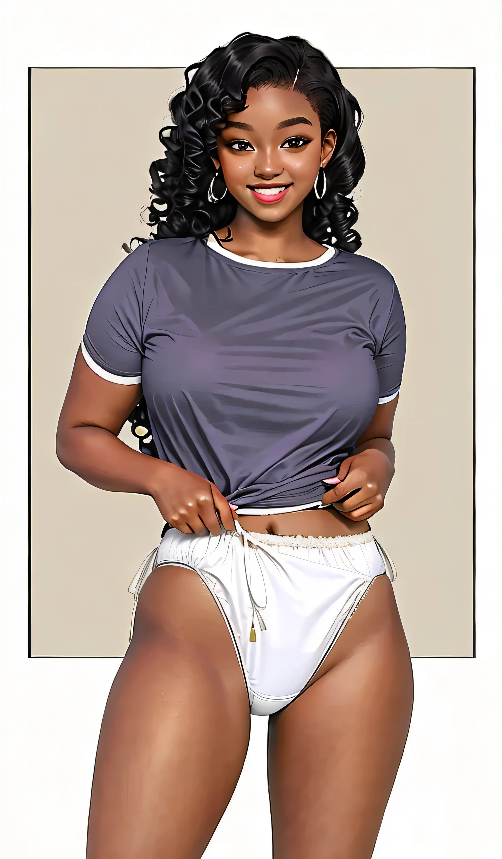 ((masterpiece, best quality)), ((24 year old)), (((Curvy))), ((Black woman with long black curly hair)), pulling up ((white cotton panties)) purple shirt, smiling, (((realistic art style)))