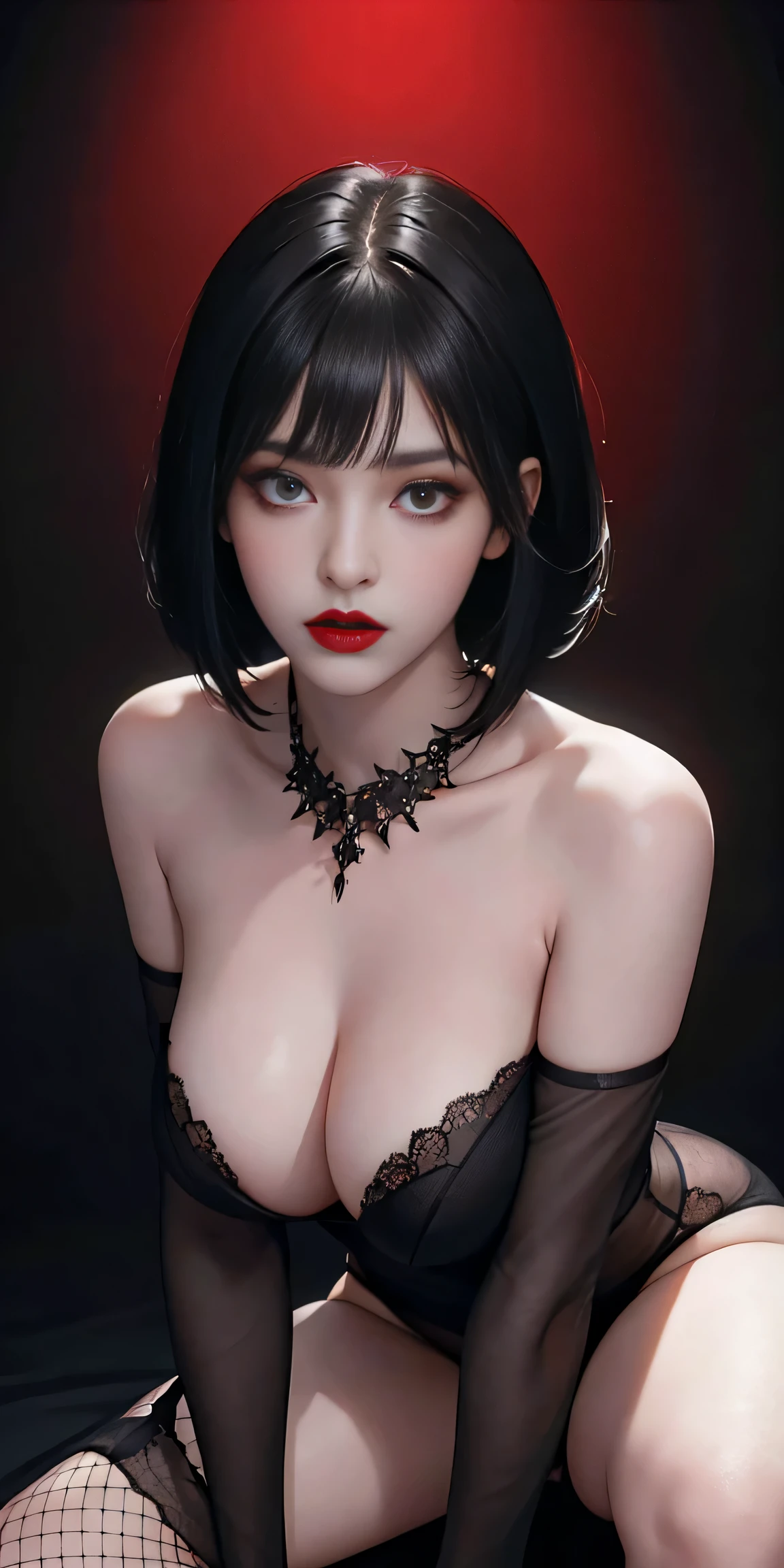 (highest quality,High resolution),(realistic:1.37),dark,goth,woman, eye,detailed face,black clothes,bob cut black hair,straight bangs,pale skin,red lipstick,intense expression,mysterious atmosphere,gothic background,thin dark lighting,night,Bright colors, fishnet, topless, whole body, on her hands and knees, Obedient girl, thick thighs, Impending deepthroat, Cumshot pose,