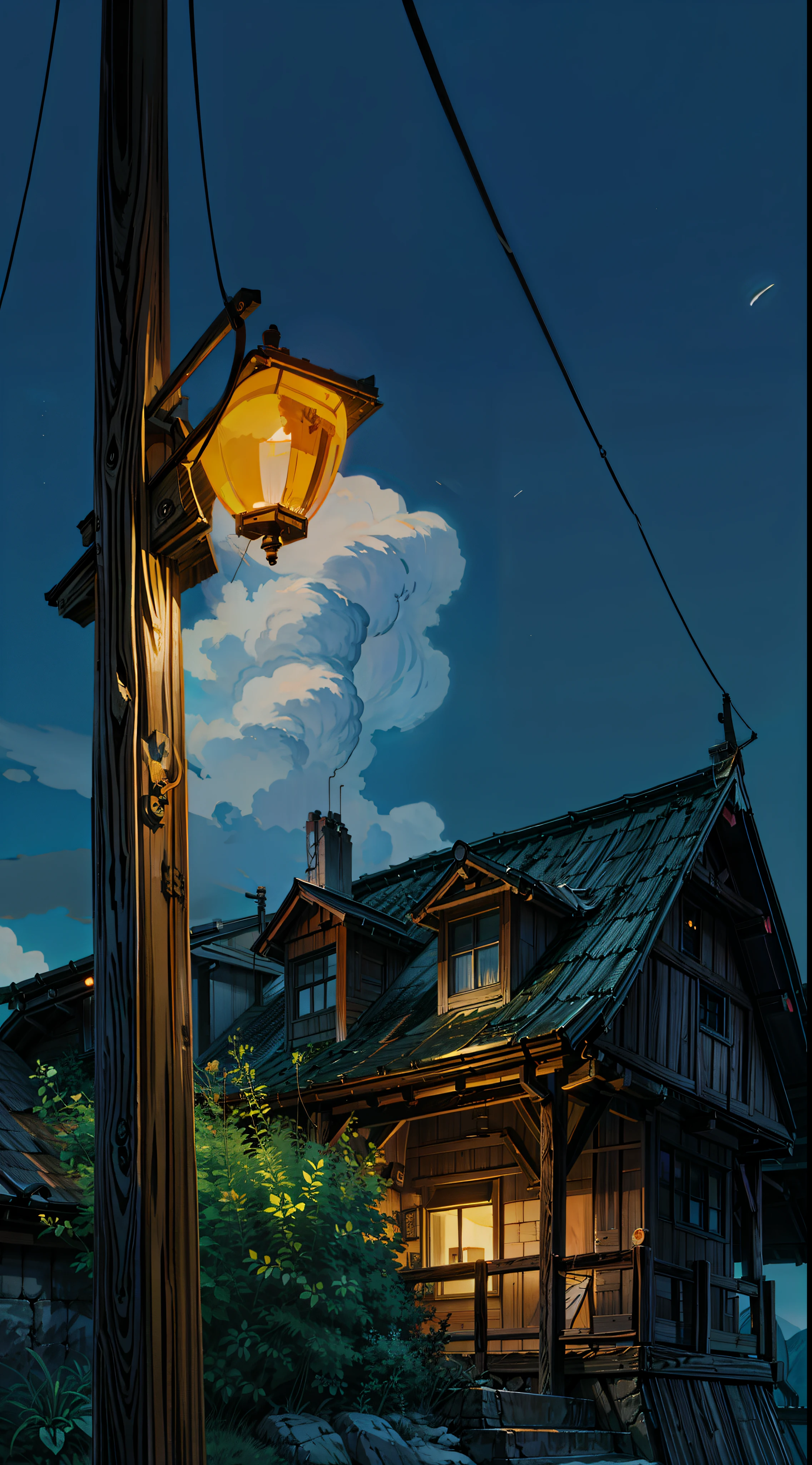 a street light sitting on top of a wooden pole, makoto shinkai. high detail, by makoto shinkai, ( ( makoto shinkai ) ), by Makoto Shinkai, nightime village background, anime. by makoto shinkai, gloomy. by makoto shinkai, style of makoto shinkai, 4k hd,, no people, beautiful art uhd 4 k, a beautiful artwork illustration, beautiful digital painting, highly detailed digital painting, beautiful digital artwork, detailed painting 4 k, very detailed digital painting, rich picturesque colors, gorgeous digital painting, no human