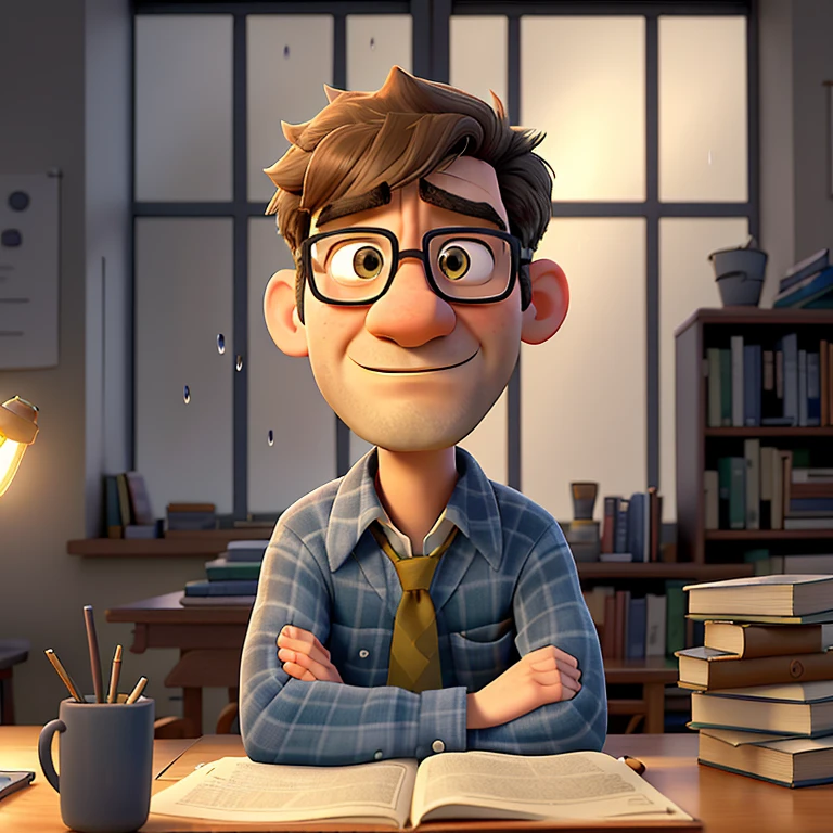 A professor with a sad expression sits at his desk in a dimly lit classroom, surrounded by stacks of books and papers. The yellow glow of an overhead bulb casts long shadows on the walls as raindrops patter against the window. The professor's eyes are fixed on an empty chair, a poignant reminder of a loved one or a cherished student long gone. His wrinkled face is etched with lines of worry and sorrow, and his lips tremble as suppressed emotions threaten to spill over. The melancholic melody of the rain outside adds to the quiet sadness that permeates the room. The professor's heart beats in time with the rhythm of the rain
