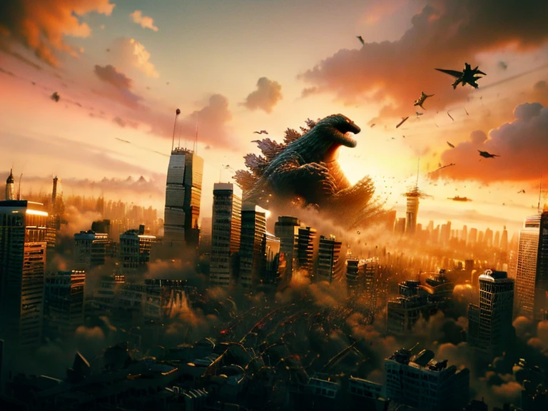 Over the city,Covered with a magnificent Godzilla,Cloudy sunset against the setting sun,Terrifying and magnificent clouds filled the sky,Charming sunset in the distance,Painting the distant skyline。