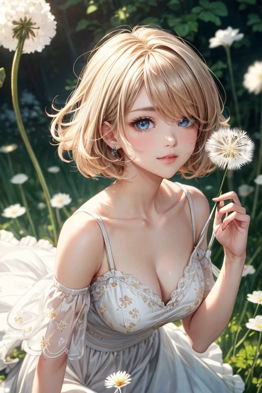 ((masterpiece)), (best quality), 1female, (holding a white dandelion), blonde pixie haircut, wearing spaghetti-strap floral dress, in a white dandelion fields, smile, detailed beautiful eyes, detailed gorgeous face, perfect body, dynamic pose, perfect shading, intricate details, PIXIV, Krenz Cushart, (hair over one eye), brown pixie haircut,
