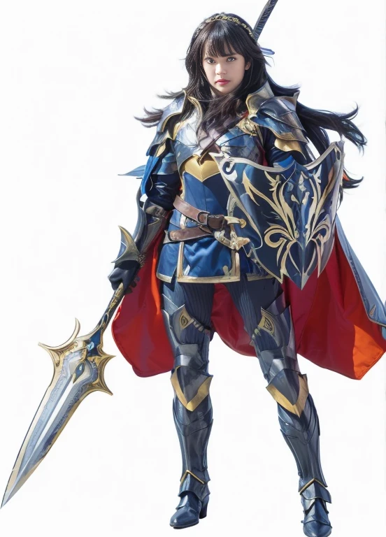 a close-up of a person with sword and armor, lucina from Feuerzeichen, anthropomorpher Rabenritter, Casimir Kunst, Feuerzeichen, Full portrait of a magic knight, Ares with heavy armor and sword, shiny plate armor, Hochdetailliertes offizielles Kunstwerk, Epic Paladin Armor, black shiny armor, Schwarze haaren, schlachtfeld im hintergrund