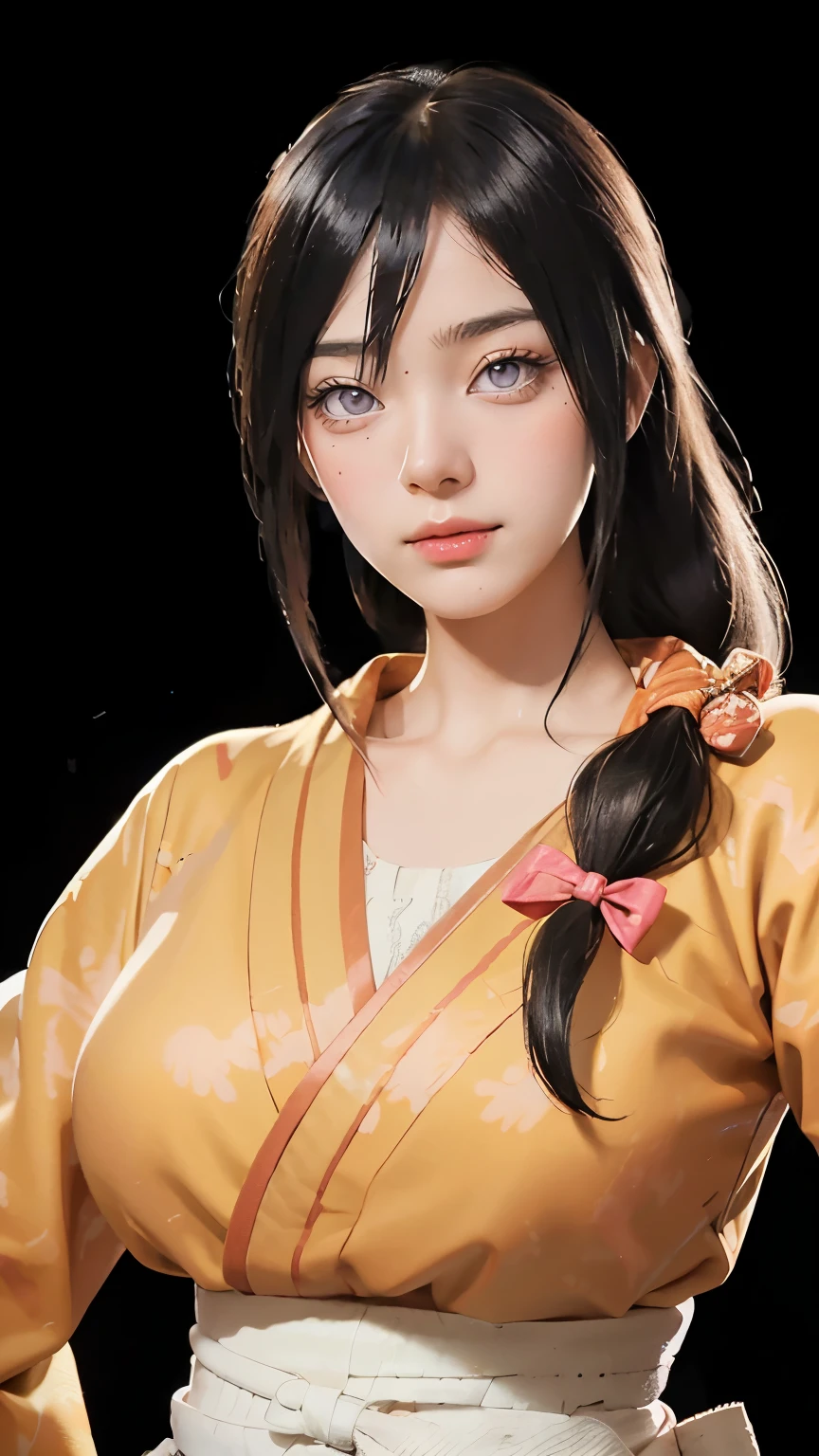 （（（perfect figure，figure，orange kimono, obi，hakama skirt，hana，flame print kimono，（（（hyuuga hanabi，low tied long hair，hair bow，Light blue pupils））），S-type figure:1.7））），((masterpiece)),high resolution, ((Best quality at best))，masterpiece，quality，Best quality，（（（ Exquisite facial features，looking at the audience,There is light in the eyes，Happy，nterlacing of light and shadow，））），（（（looking into camera，black background）））