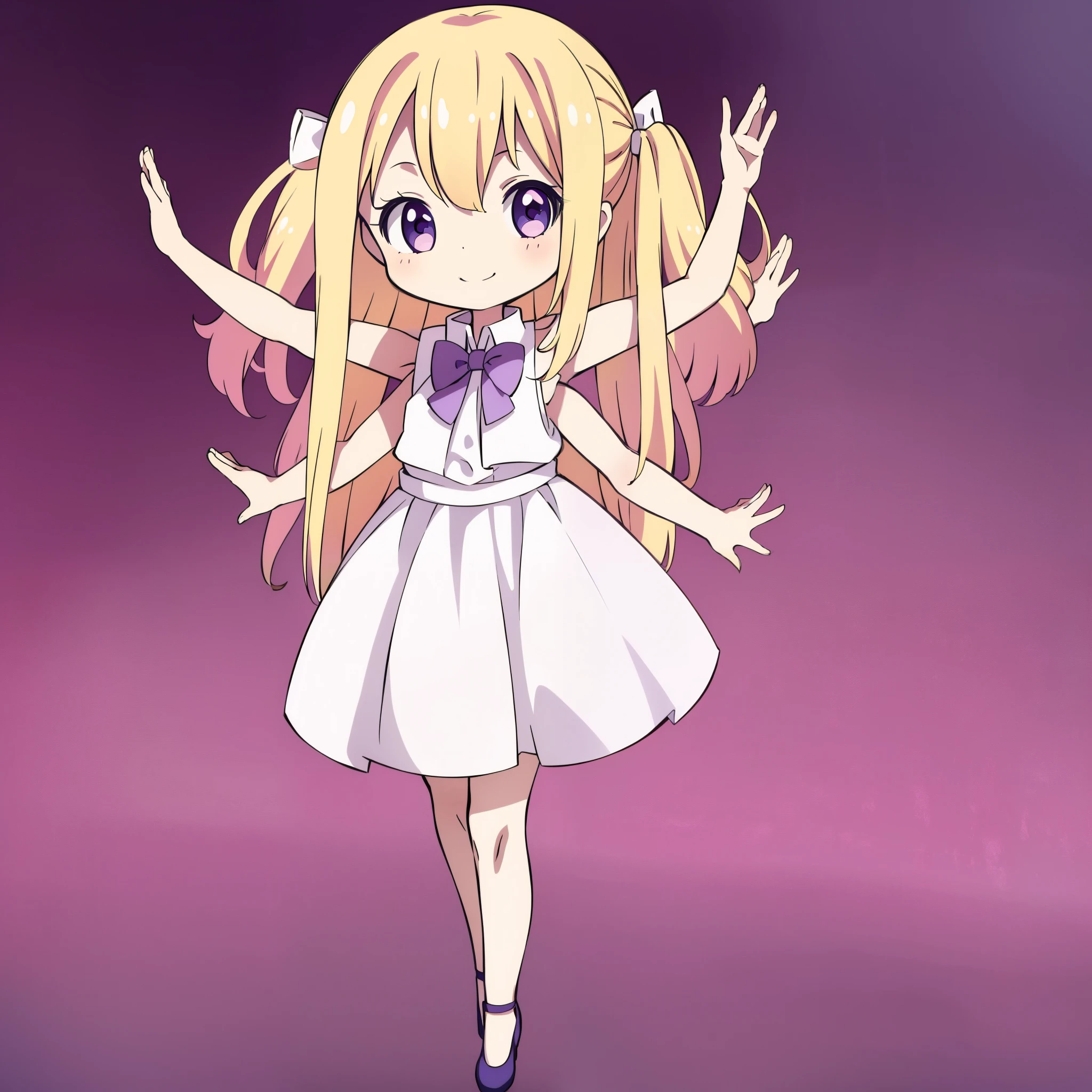 (1girl,8 years old,small),blonde hair,long hair,white dress, sleeveless, bow tie, bare shoulders,smile,full body,extra arms,four arms,chibi,full body,(white background)