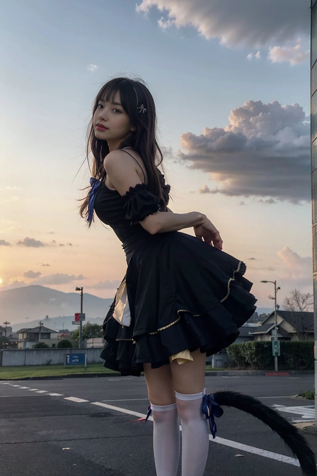 (masterpiece), best quality, fit but big proportions, frederica bernkastel, dress, tail bow, purple hair, bowtie, cat tail, socks, (flying), (candy:1.4), sky, outside, red sky, milky way, stunningly beautiful, steampunk, photorrealistic, standing position, (Best quality, 8k, 32k, Masterpiece, UHD:1.2),Photo of Pretty Japanese woman