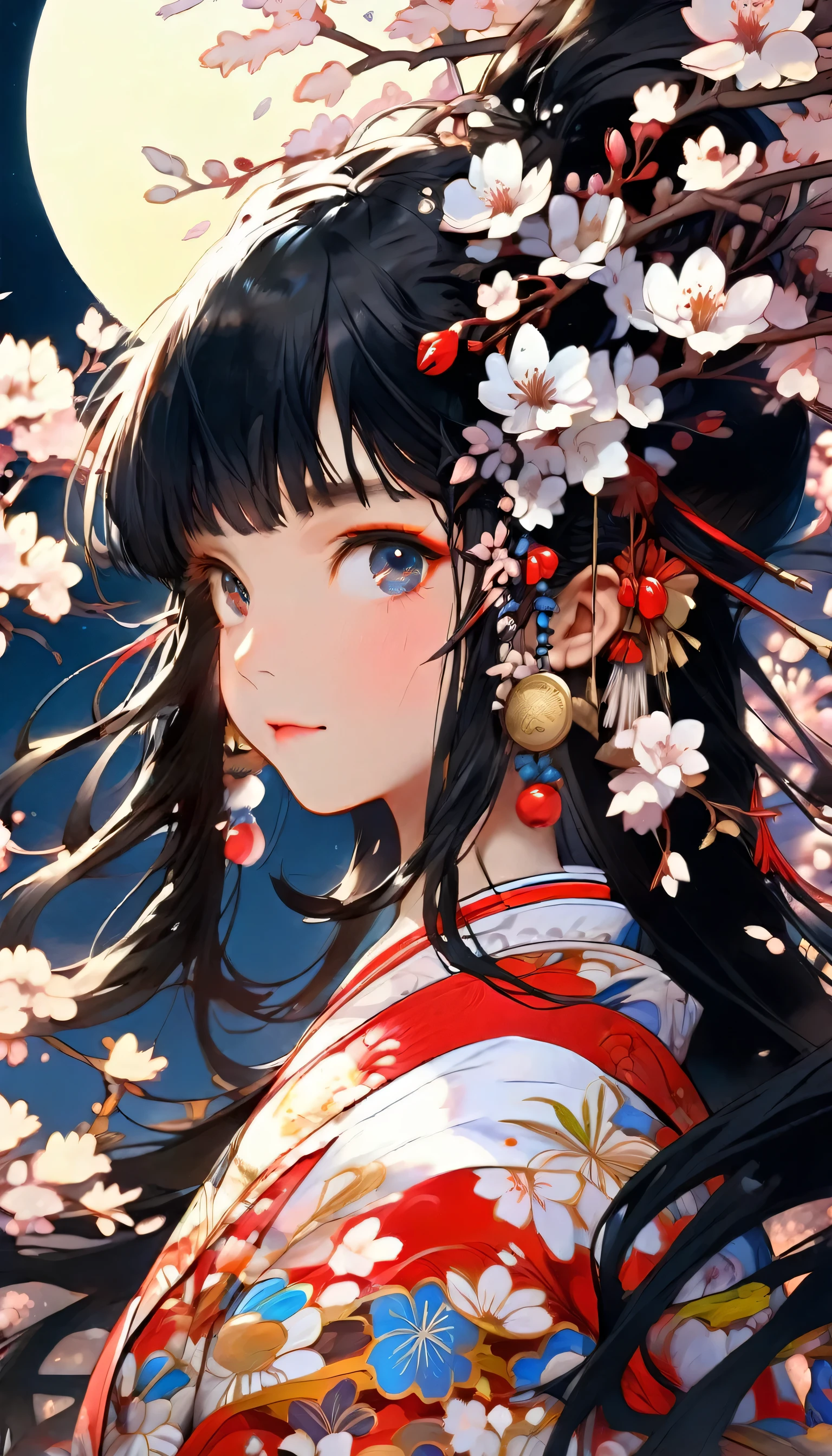 perfect anatomy, masterpiece:1.4, best quality, 8k, beautiful detailed grow, daydreaming expression, in the night, ((immensely beautiful cherry blossoms field)) (background is detailed big blue moon), break, full body solo ((blunt bangs)) (black hair Long hair cute girl, , closed sexy eyes, beautiful rozy mouth, best smile), break, (in a detailed Shrine maiden costume), A magical spring.