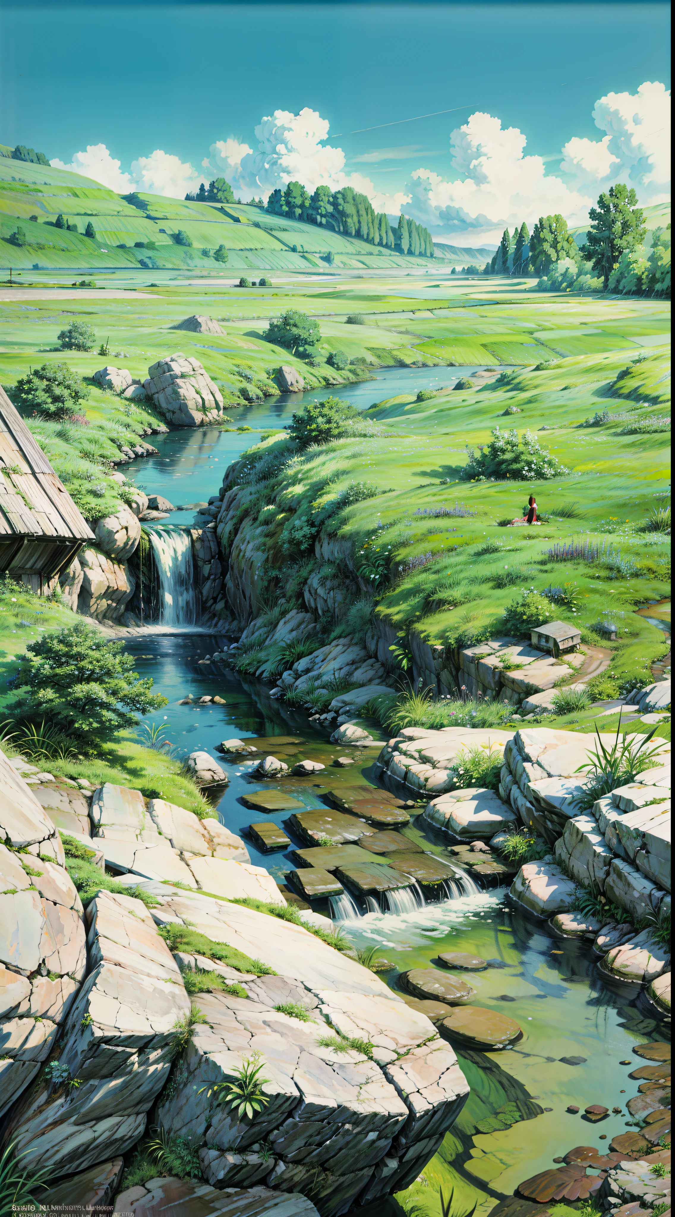 a painting of a stream running through a lush green field, anime countryside landscape, yoshikazu yasuhiko, ilya kuvshinov landscape, studio ghibli concept art, studio ghibli smooth concept art, anime scenery concept art, classical landscape painting, hiroya oku painterly, by Shin Yun-bok, studio ghibli landscape, anime landscape, 4k hd,, beautiful art uhd 4 k, a beautiful artwork illustration, beautiful digital painting, highly detailed digital painting, beautiful digital artwork, detailed painting 4 k, very detailed digital painting, rich picturesque colors, gorgeous digital painting