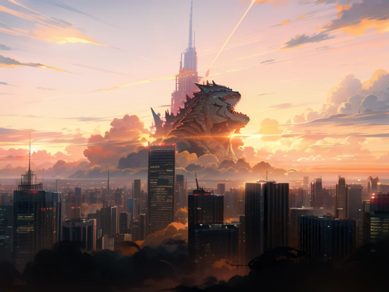 Over the city，Covered with a magnificent Godzilla，Cloudy sunset against the setting sun，Terrifying and magnificent clouds filled the sky，Charming sunset in the distance，Painting the distant skyline。