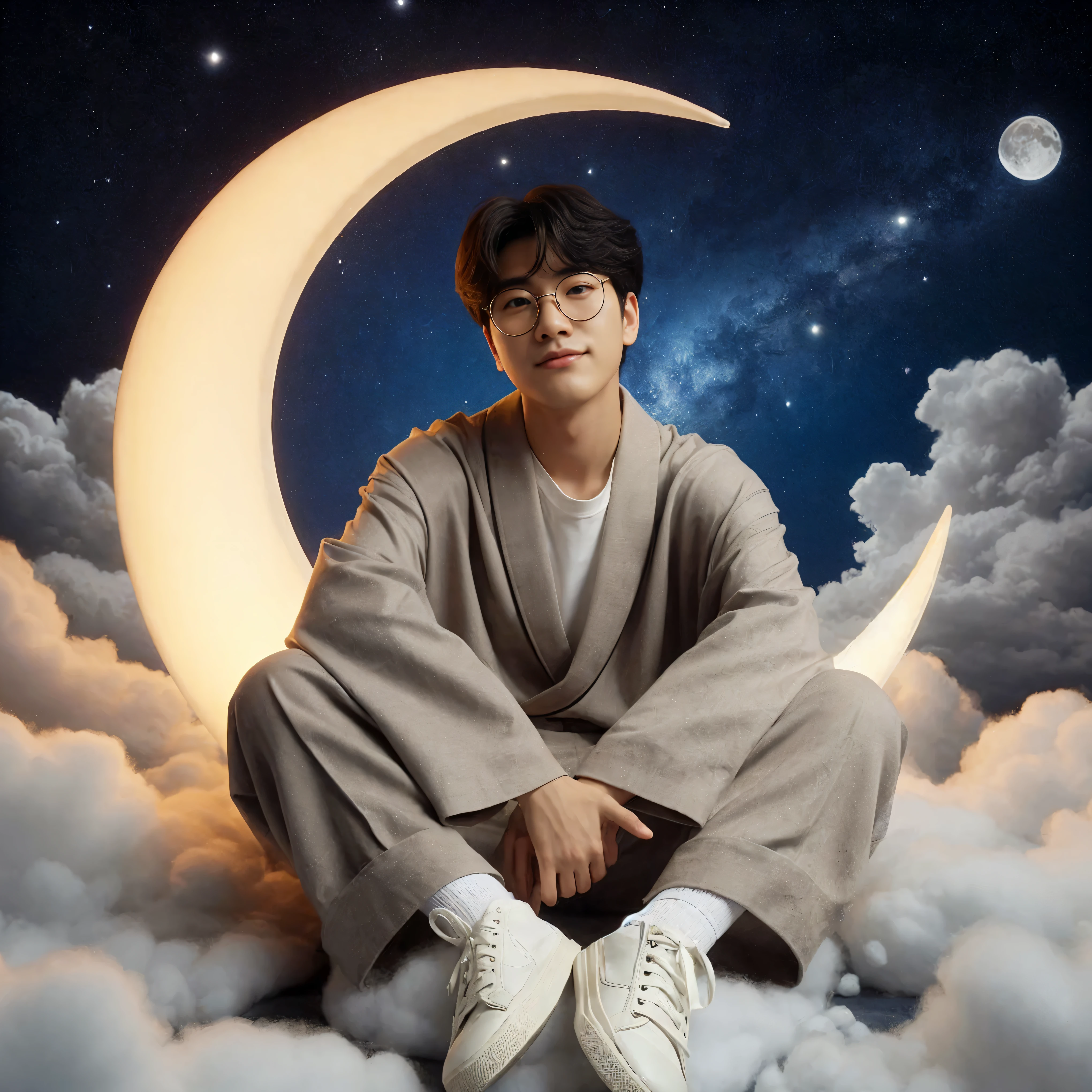 there is a man sitting on a cloud with a crescent, god of moon, sitting on a moon, moon behind him, jinyoung shin, lunar themed attire, hyung tae, ✨🕌🌙, korean artist, ☁🌪🌙👩🏾, jung jaehyun, jaeyeon nam, park jimin, hong june hyung, taejune kim, album art, steven jung