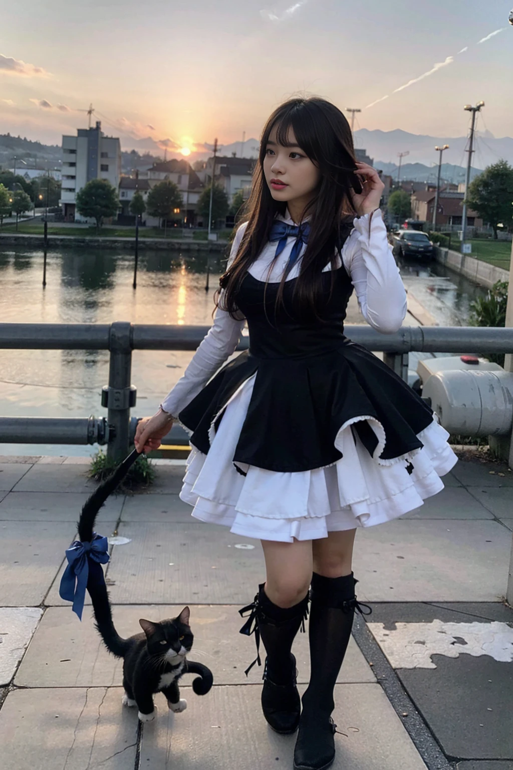 (masterpiece), best quality, fit but big proportions, Pretty Japanese woman, frederica bernkastel, dress, tail bow, purple hair, bowtie, cat tail, socks, (flying), (candy:1.4), sky, outside, red sky, milky way, stunningly beautiful, steampunk, photorrealistic, standing position, (Best quality, 8k, 32k, Masterpiece, UHD:1.2),