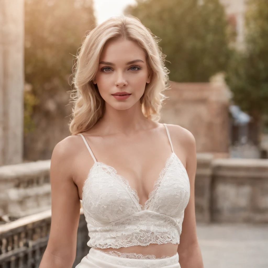 Arafed woman with Neckline and a skirt walking in a public places, white top, hot female, tattooed, blonde goddess, sensual appearance, 2 18-year-old female model, perfect body, lacy, without, beautiful blonde girl, sexy look, sexy girl, tight outfit, Aleksandra Waliszewska, Anna Nikonova also known as Newmilky, Very sexy