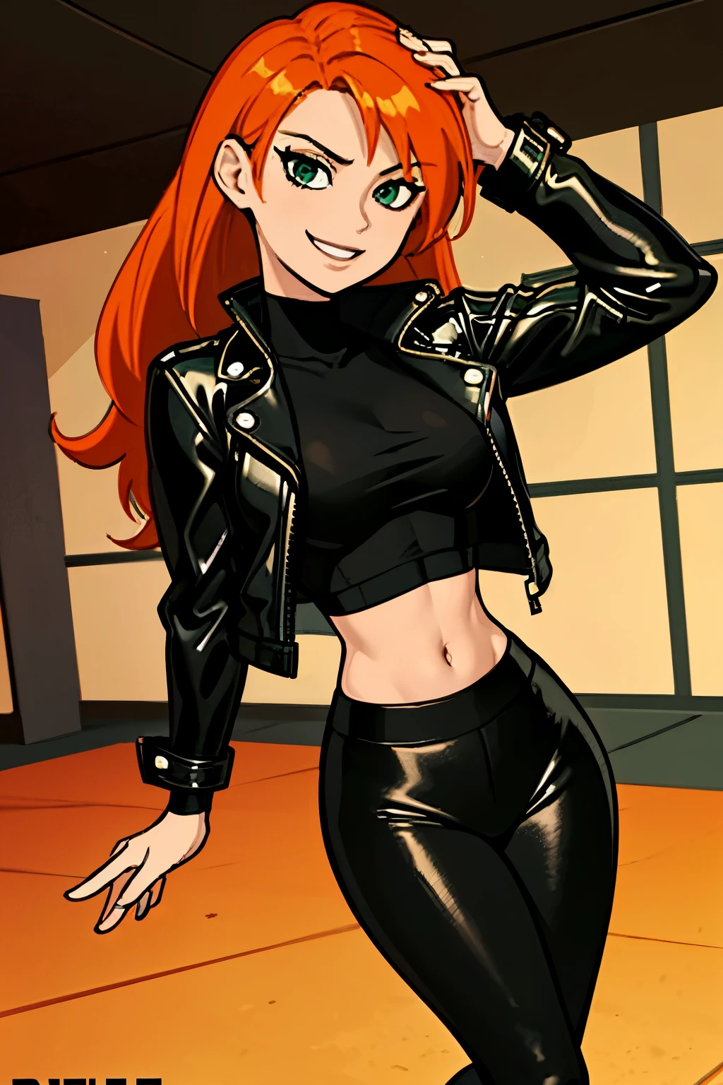 kim_in_a_open_black_leather_jacket_and_black_leggings, midriff, thin, beautiful, orange_hair, green_iris, confident_pose, confident_smile, gentle_expression, high resolution, 8k