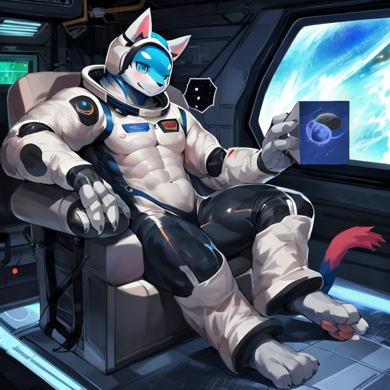 blue cat, blue eyes, astronaut outfit, robotic body parts, muscular, be t.e.stars, be chung0 0, be darkgem, outer space scenery with stars and planets, There is a paw print on his astronaut suit, his paws are visible, He is sitting in a paw-shaped armchair, one of its paws is on top of the other paw, holding a carton of cow's milk.