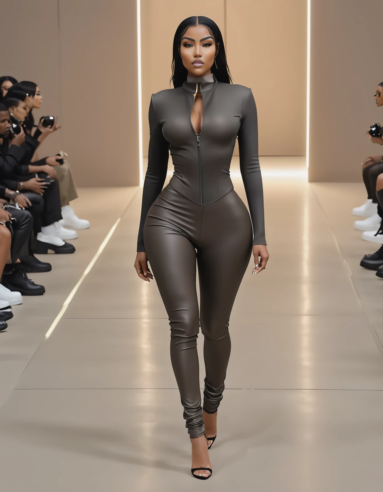 a woman in a black jacket and gray pants walking down a runway, wearing tight full body suit, muted colored bodysuit, futuristic body suit, zipped up body suit, skin tight black clothes, Yeezy Season Model, Yeezy Season, Designer Clothes, skinny waist and thick hips, perfect figure, full figured woman, toned body, hourglass figure, attire inspired by the movie Dune, intriguing outfit, high level body suit, expensive hip hop jewelry, 2 4  female model, Supermodel, Instagram Model, Instagram Star, IMVU,