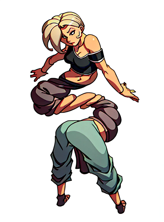 ((Superhuman elasticity concept)), silver blonde hair tied in a ponytail, ((black tank top and baggy sweatpants)), ((elongated bare torso,inhumanly elongated smooth wavy bare torso, slithery, stretched out, long, exposed smooth midriff)), stretchy torso, highly detailed, comic book style, dynamic pose, cool lighting.