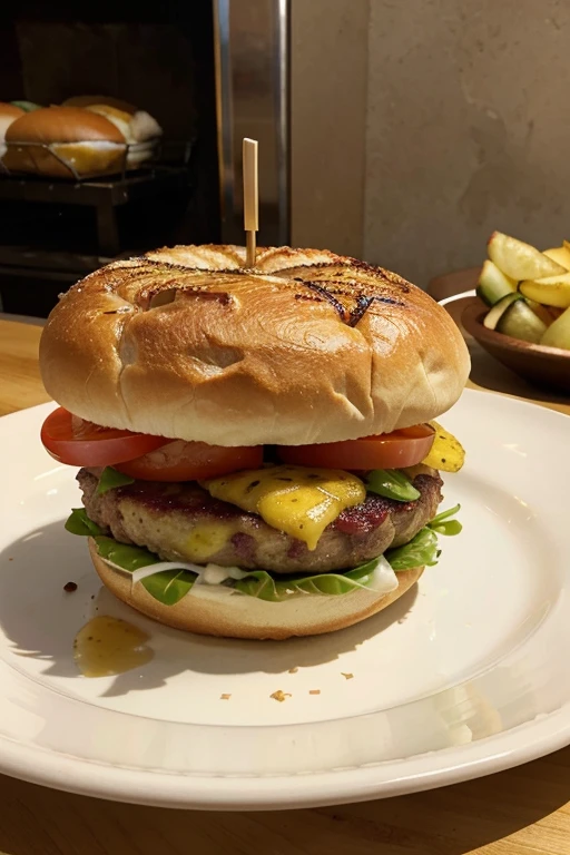This image represents a juicy burger with perfectly grilled meat., queijo derretido, alface crocante, rodelas de tomate fresco e fatias de pepino, all served between two soft, golden breads. Vibrant colors and sharp details stand out, conveying a sensation of appetite and flavor. The hamburger is arranged on a white plate, com batatas fritas douradas ao lado, providing an inviting and tempting presentation.