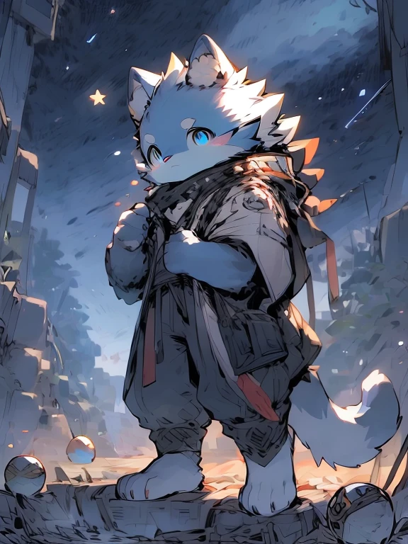 furry, blue cat, the setting is a space with stars and planets, there are shooting stars, Huang Gai' wears a defective robot mask, his body is robotic, part of his body has electrical cables, its paws are exposed.