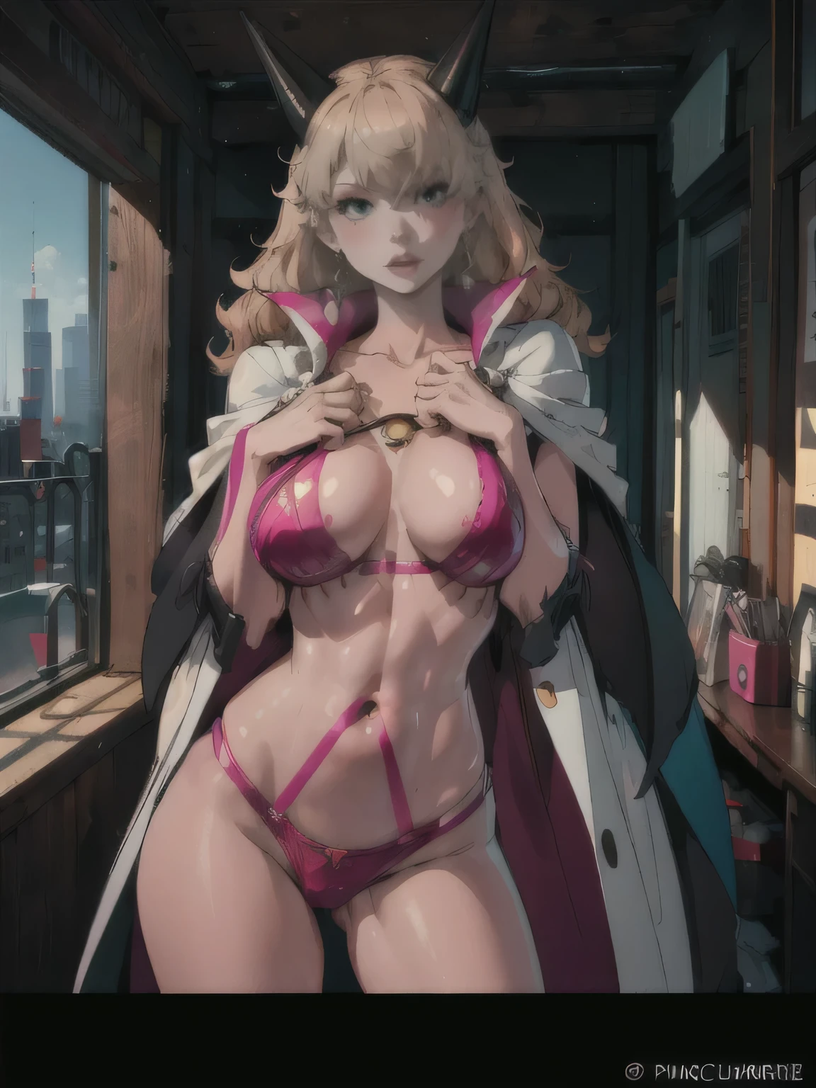 anime girl with pink horns and a cape posing naked in the hell, PINK CLOTHING, PINK LINGERIE, krenz cushart and artgerm, seductive anime girl, cutesexyrobutts, extremely detailed artgerm, ann takamaki from persona 5, cushart krenz key art feminine, highly detailed exquisite fanart