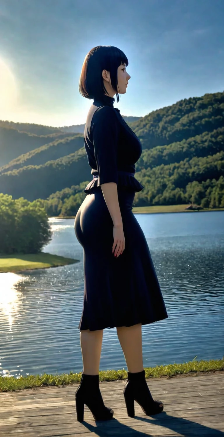 close-up from side, (30 years old adult-Hinata) walk next to lake, big ass, [enchanting, surreal, studio lighting, HDR, UHD, K]