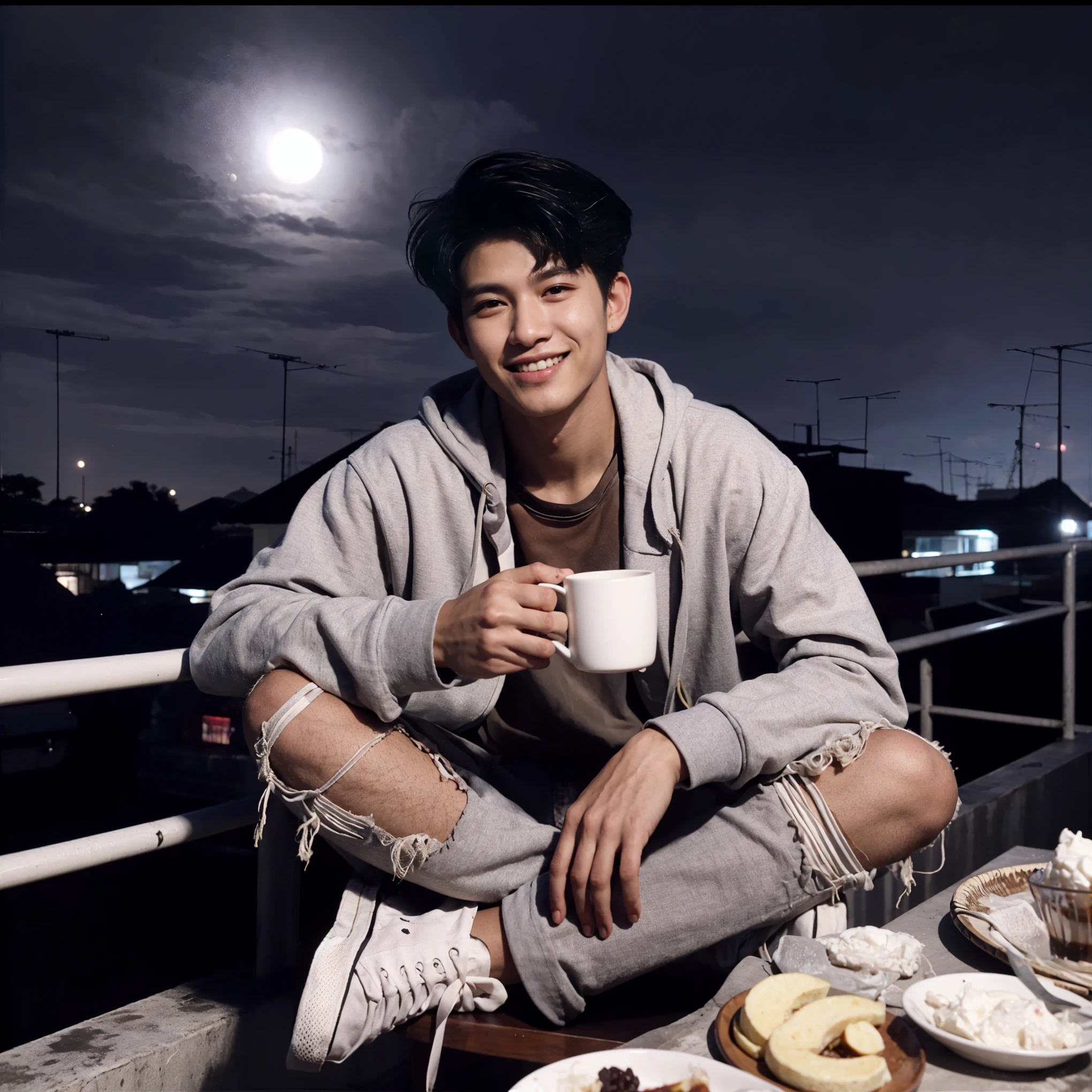 arafed man sitting on a balcony with a cup of coffee, charming sly smile, inspired by Bian Shoumin, sly smile, cai xukun, inspired by John Luke, thawan duchanee, moon behind him, male ulzzang, steven jung, photo style of shawn paul tan, inspired by Adam Dario Keel, luts, ✨🕌🌙