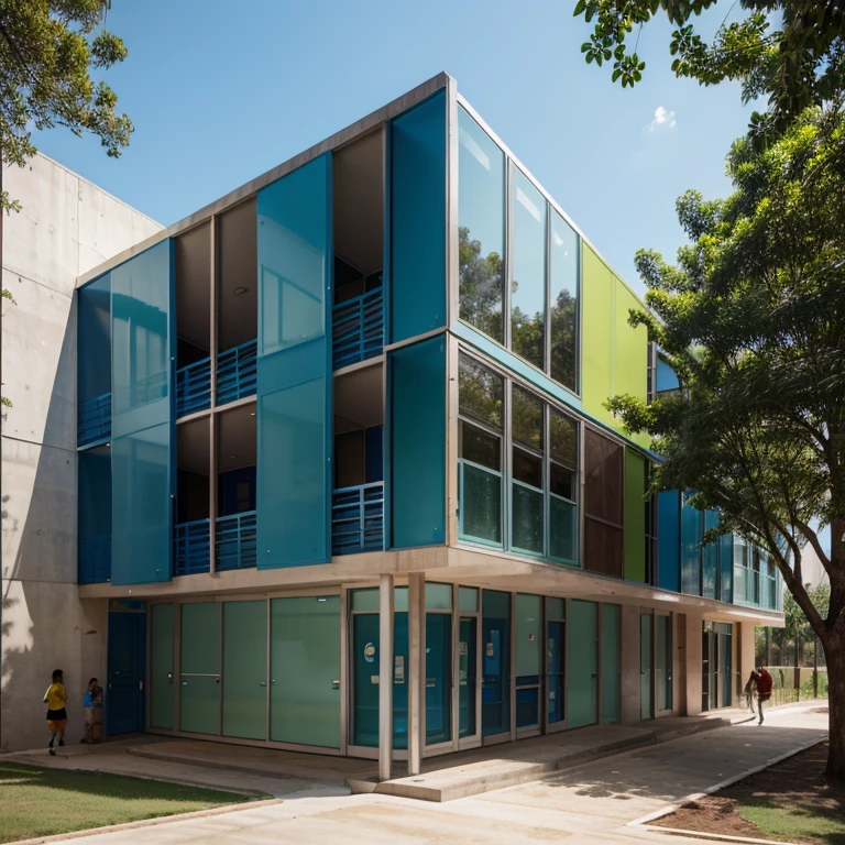 school, children’s school, modern, colorful, sustainable, glass, wooded, color, blue, green, arquutetura, facade