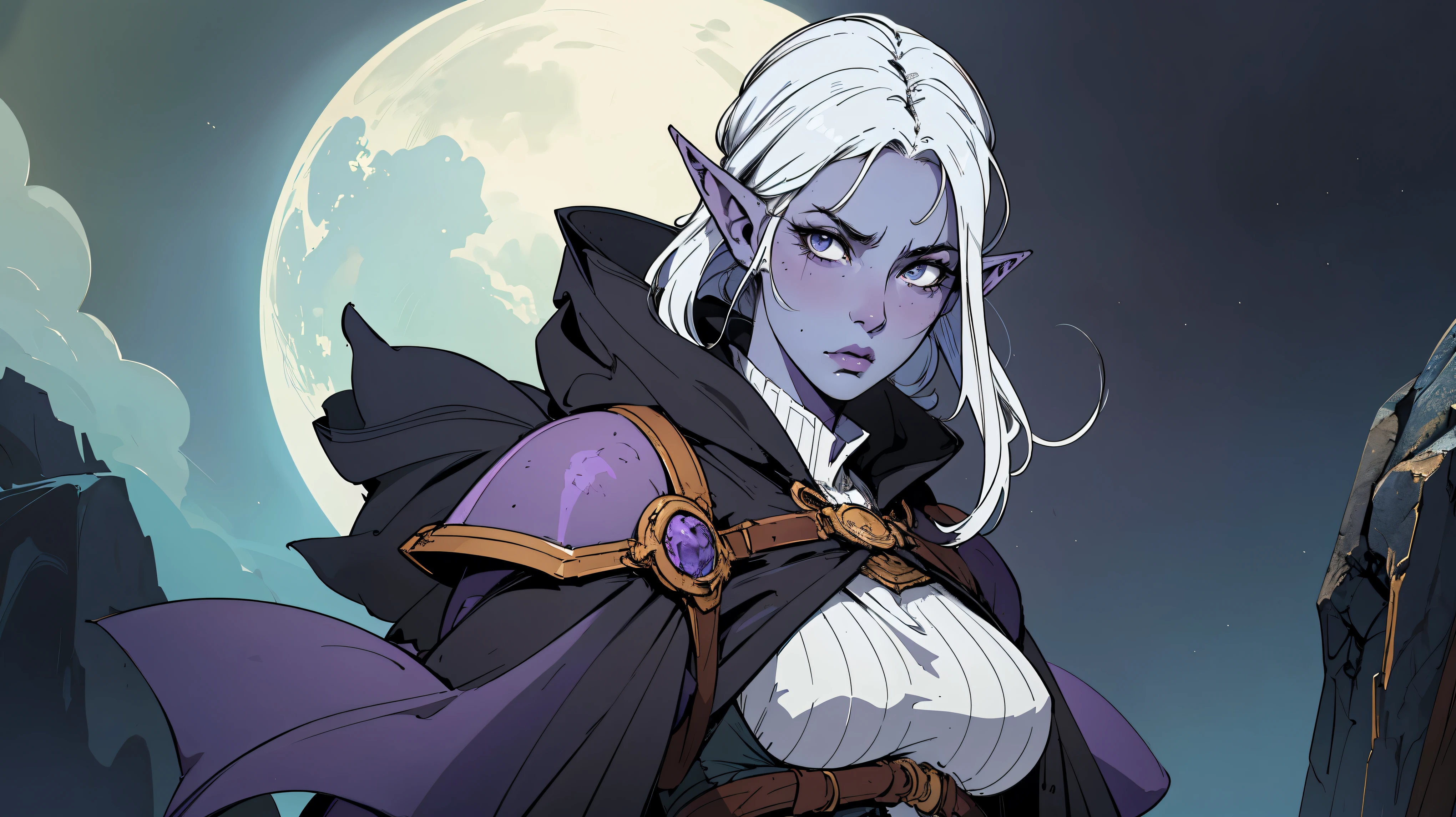 elf ears,masterpiece:1.2, best quality, ultra detailed, absurdres,, mature woman, (blue_skin), archer, messy white_hair, shoulder length, 1girl, female_focused,, older, serious, confident, under purple_robes over gear, bowman gear, in the style of Kentaro Miura, fantasy, SCI-FI, fire background, medium breasts, breasts out