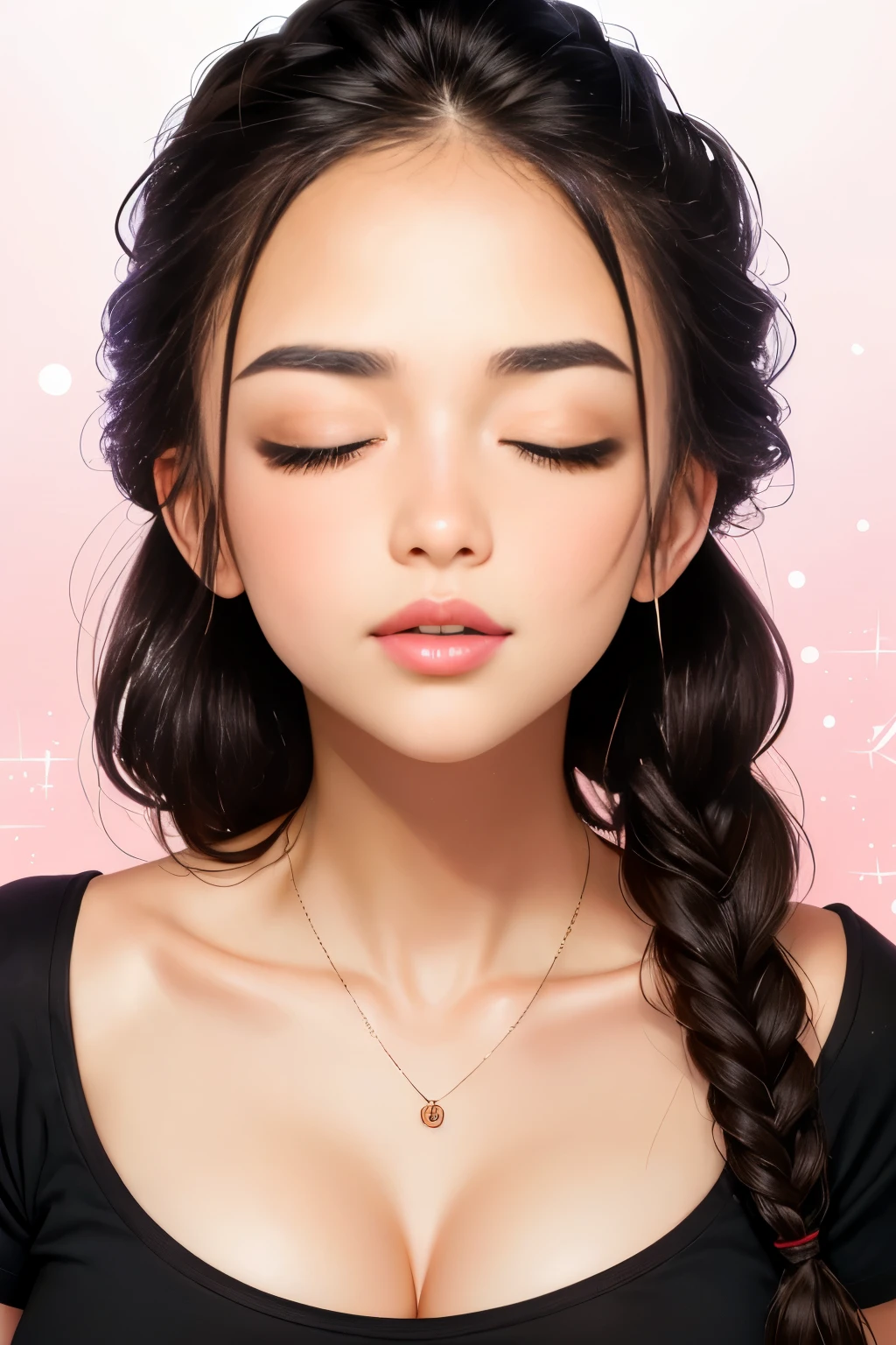 sexy woman, black braided hair, black t-shirt, close-up on face, eyes closed, glossy pink lips parted for a kiss, flawless glowing skin, long beautiful neck