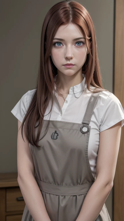 kushina, kushina, long hair, hair ornament, red hair, hairclip, (grey eyes:1.5),
BREAK shirt, dress, jewelry, white shirt, short sleeves, apron, bracelet, green apron, collar,
BREAK looking at viewer, upper body, full body, cowboy shot,
BREAK indoors,
BREAK (masterpiece:1.2), best quality, high resolution, unity 8k wallpaper, (illustration:0.8), (beautiful detailed eyes:1.6), extremely detailed face, perfect lighting, extremely detailed CG, (perfect hands, perfect anatomy),