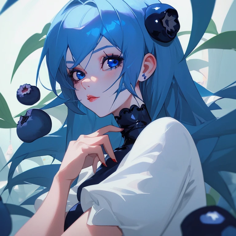 girl with blue hair, blue eyes and fair skin
With blueberry