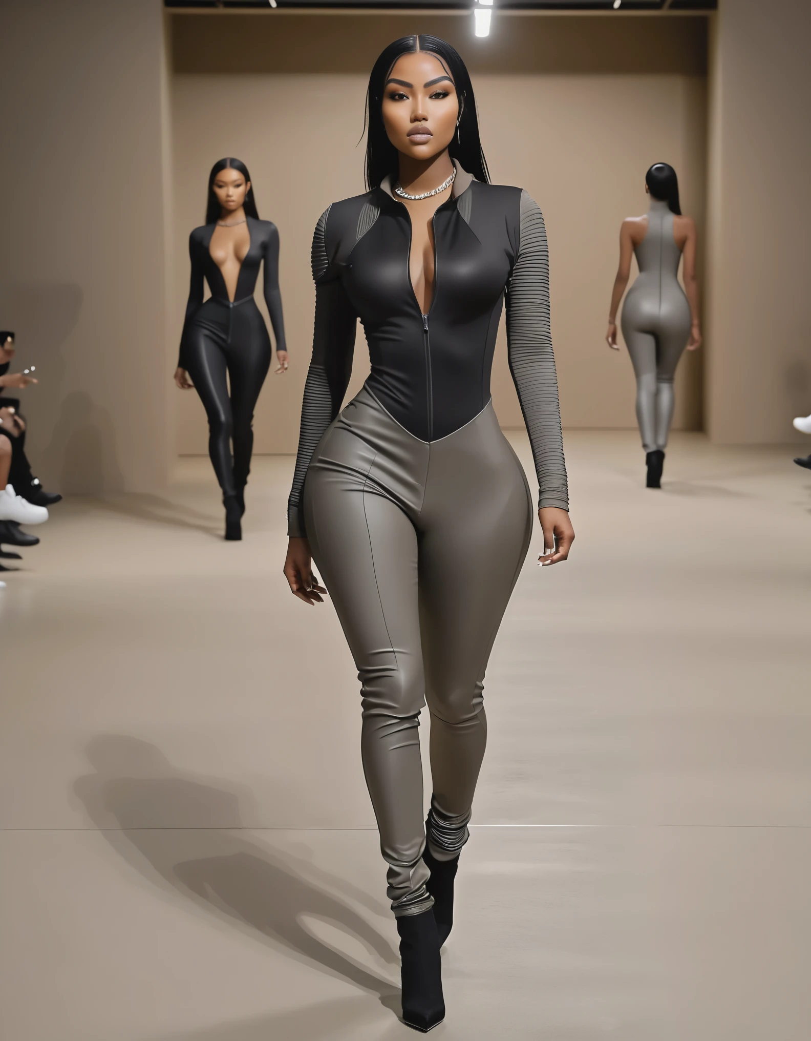 a woman in a black jacket and gray pants walking down a runway, wearing tight full body suit, muted colored bodysuit, monochrome futuristic body suit, skin tight black clothes, Yeezy Season Model, Yeezy Season, Designer Clothes, skinny waist and thick hips, perfect figure, full figured woman, toned body, hourglass figure, attire inspired by the movie Dune, intriguing outfit, high level body suit, expensive hip hop jewelry, 2 4 year old female model, Supermodel, Instagram Model, Instagram Star, IMVU,