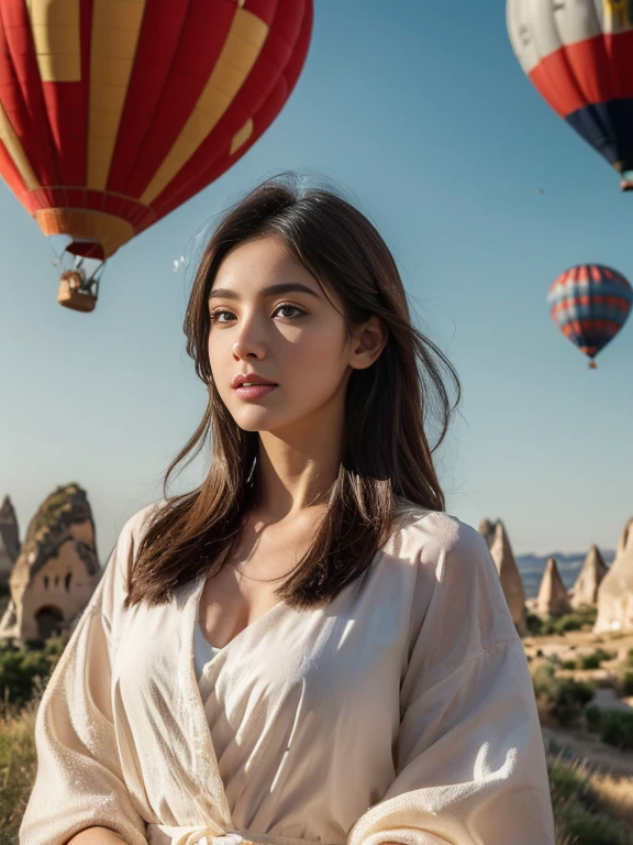 (best quality, ultra-detailed, realistic:1.37), professional, beautiful detailed eyes, beautiful detailed lips, detailed facial features, natural skin tones, perfect skin texture, delicate facial expressions, image in high resolution, realistic face, realistic skin, plain face, natural smile, highly detailed hair, (Ecce), 18yo, (a beautiful Turkish girl), explores the enchanting landscapes of Cappadocia. Dressed in a chic outfit, she stands against the backdrop of unique rock formations and hot air balloons floating in the sky. The high-resolution image captures ultra-detailed realism, emphasizing Ecce's captivating eyes, long eyelashes, and smooth complexion. The natural beauty of Cappadocia adds to the breathtaking scenery, creating a visually stunning representation of exploration and wonder.