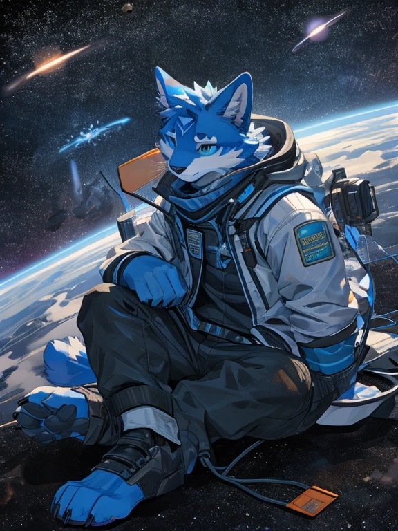 furry, blue cat, the setting is a space with stars and planets, there are shooting stars,a defective robot mask, his body is robotic, part of his body has electrical cables, but part of its body is also that of an animal, its paws are exposed, is sitting in his spaceship watching the stars.